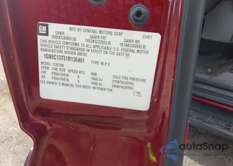 2001 Chevrolet Tahoe Lt из США, поврежденный, VIN 1GNEC13T31R136491